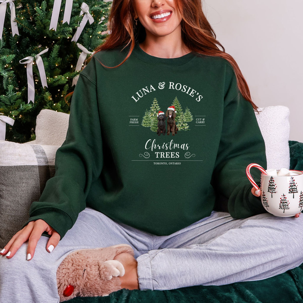 Christmas Tree Farm custom pet photo crewneck in Forest