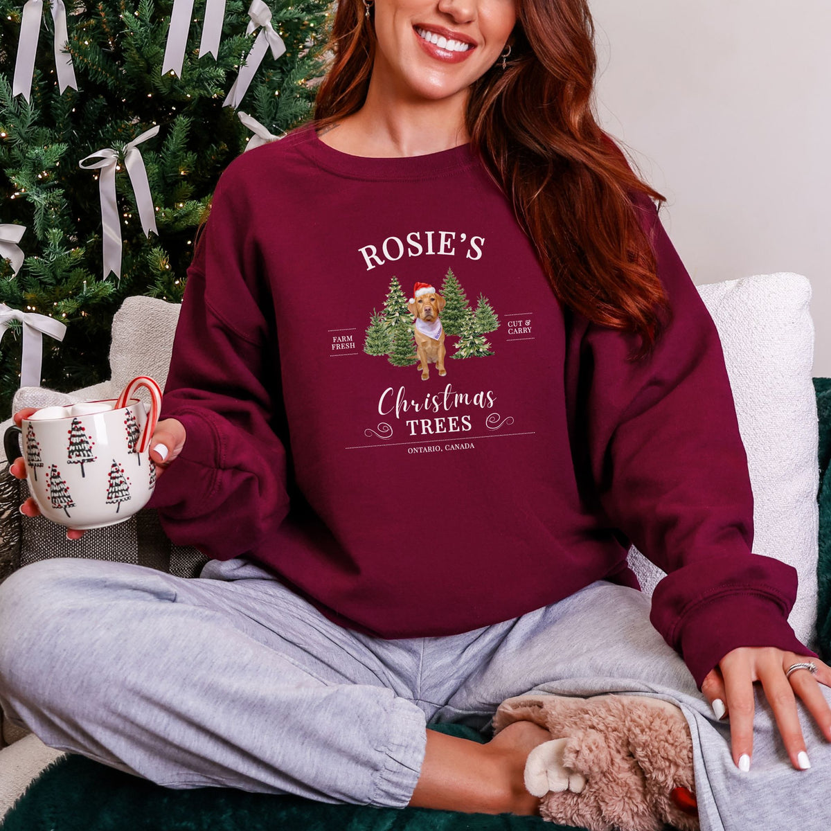 Christmas Tree Farm custom pet photo crewneck in Wine