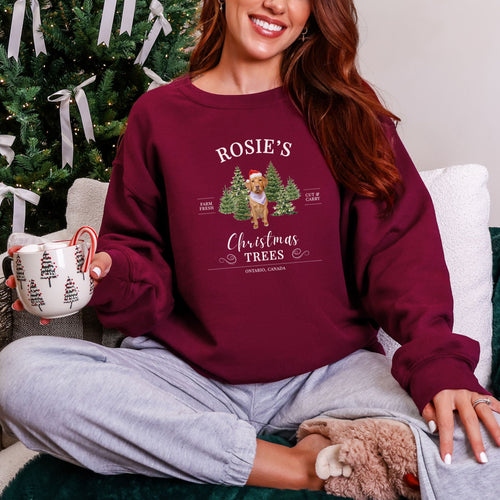 Christmas Tree Farm custom pet photo crewneck in Wine