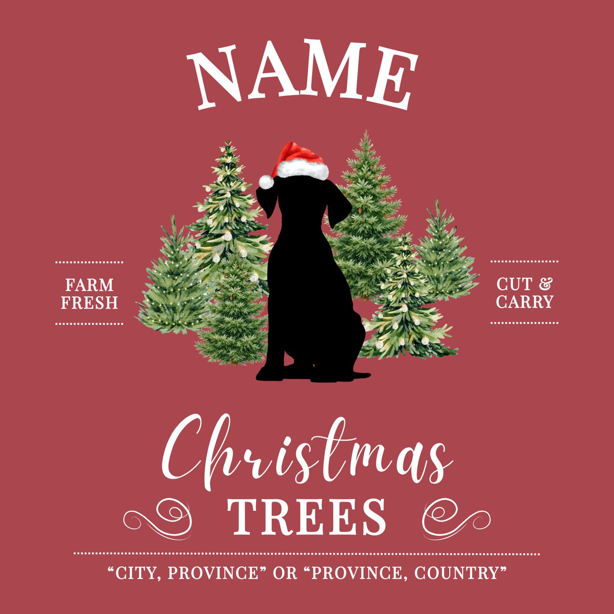 Christmas Tree Farm design with pet in Santa hat, pet name and location — Potato & Co. Merry Paws