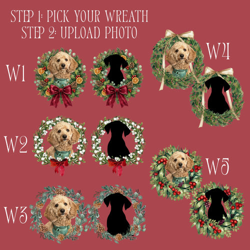 Christmas wreath options W1 to W5 for custom pet portrait apparel — Potato & Co. Merry Paws