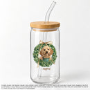 Clear glass can cup with bamboo lid, printed with a custom pet portrait in a Christmas wreath — Potato & Co. Merry Paws