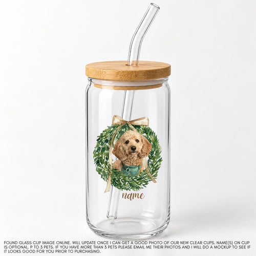 Clear glass can cup with bamboo lid, printed with a custom pet portrait in a Christmas wreath — Potato & Co. Merry Paws