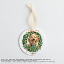 Custom pet portrait Christmas wreath ornament with cream ribbon — Potato & Co. Merry Paws