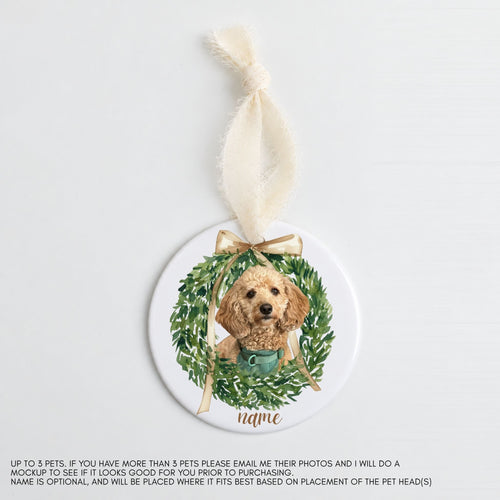 Custom pet portrait Christmas wreath ornament with cream ribbon — Potato & Co. Merry Paws