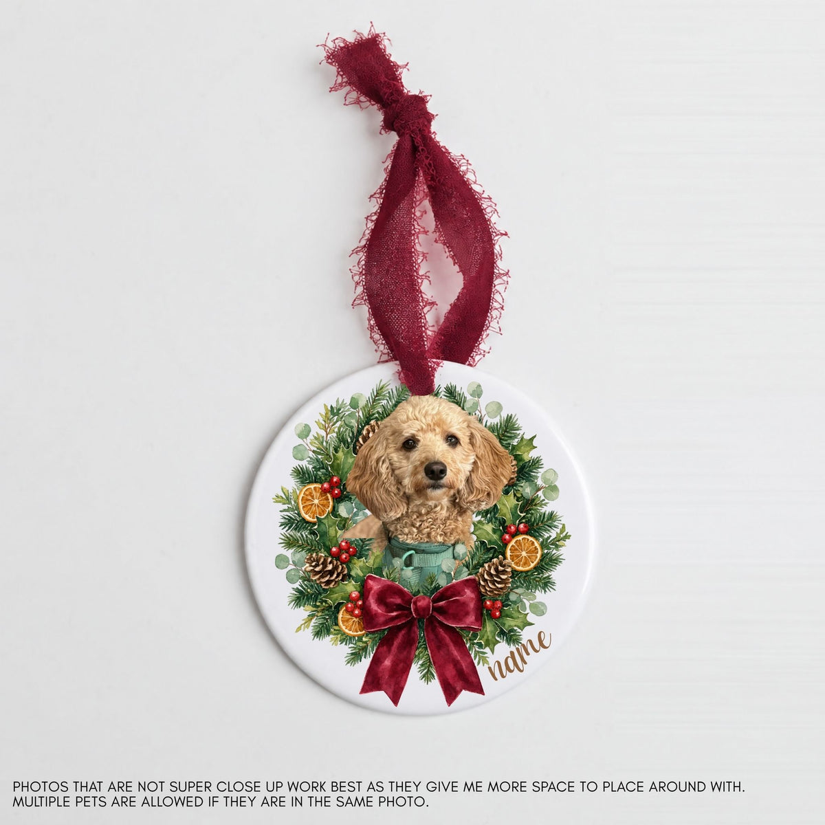 Custom pet portrait Christmas wreath ornament with wine ribbon, alternate wreath — Potato & Co. Merry Paws