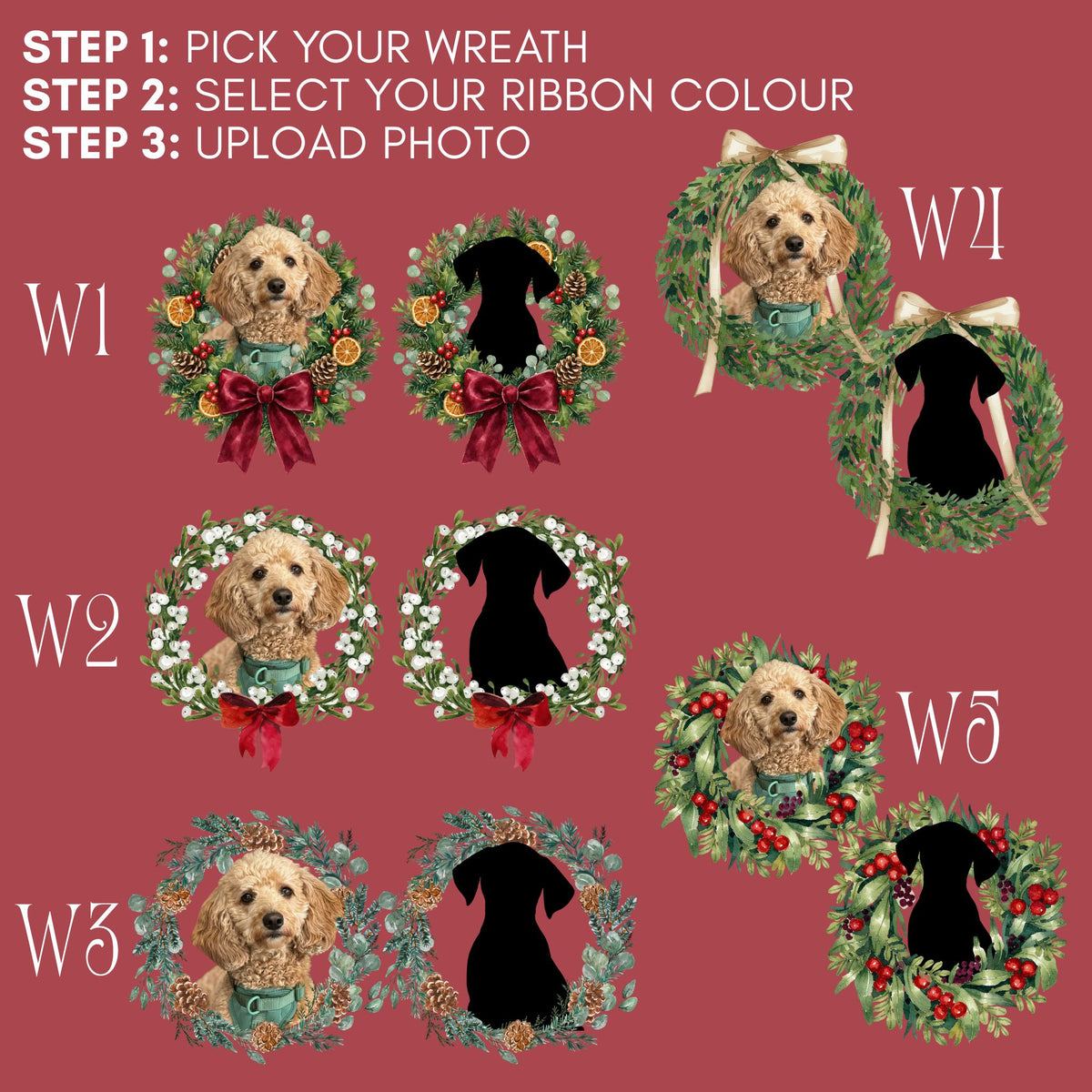 Wreath and ribbon options for the Christmas Wreath Ornament — Potato & Co. Merry Paws
