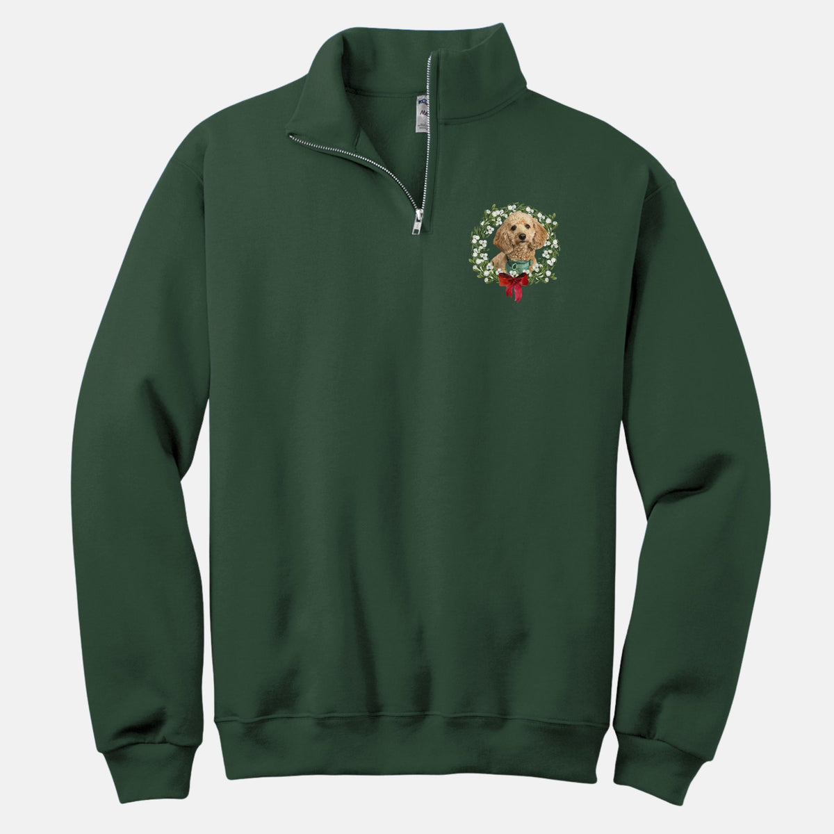 Christmas Wreath Quarter-Zip in Forest with custom pet photo — Potato & Co. Merry Paws