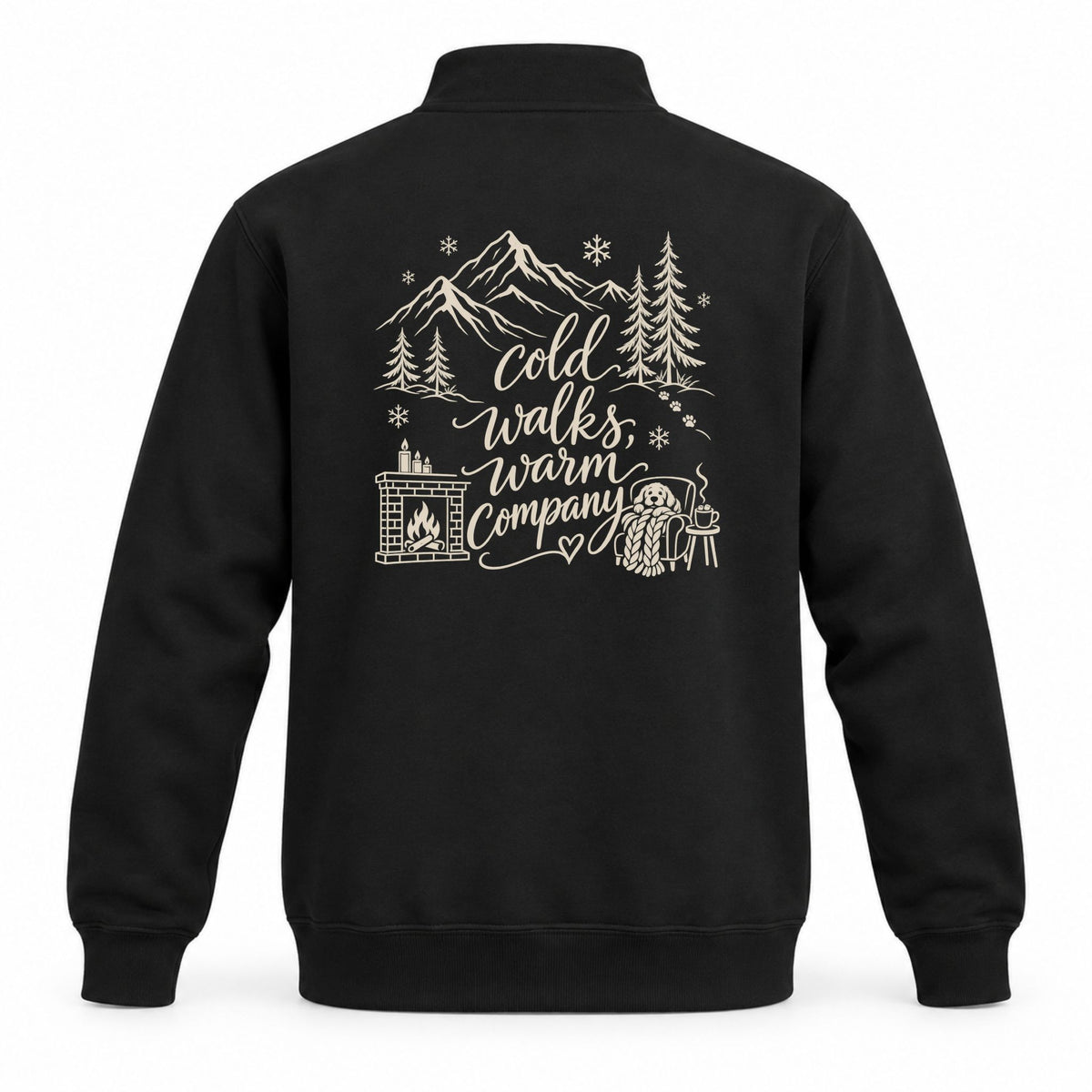 Cold Walks, Warm Company custom dog ears quarter-zip in Black, back