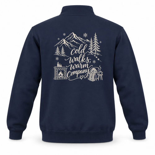 Cold Walks, Warm Company custom dog ears quarter-zip in Navy, back