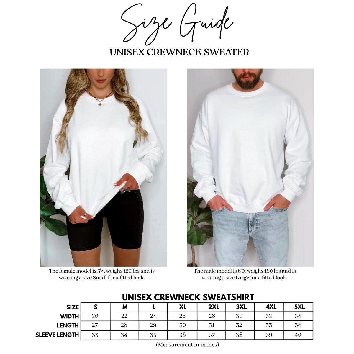 Crewneck sweater size guide chart