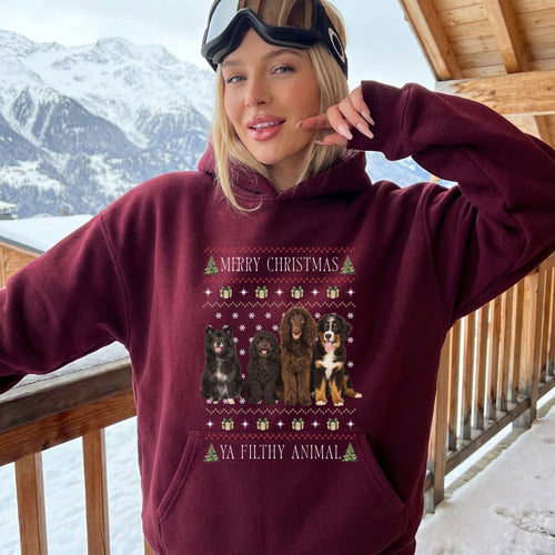 Filthy Animal Ugly Christmas Hoodie Sweater in Wine with custom pet photo — Potato & Co. Merry Paws