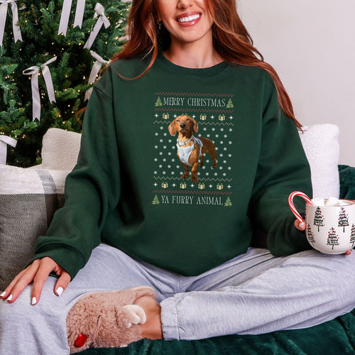 Furry Animal ugly Christmas custom pet photo crewneck in Forest
