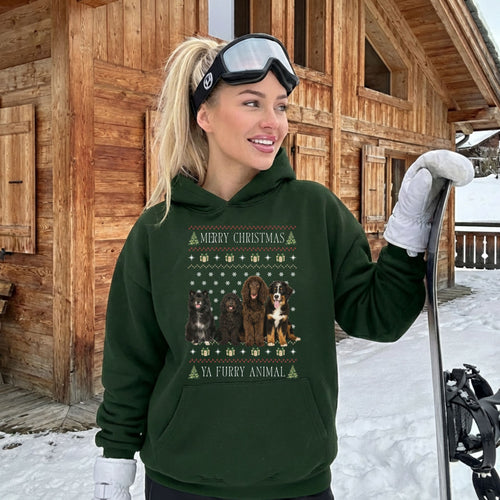 Furry Animal Ugly Christmas Hoodie Sweater in Forest with custom pet photo — Potato & Co. Merry Paws