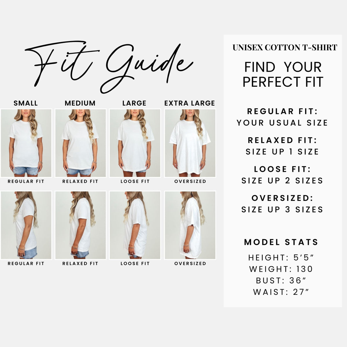Merry Paws T-shirt fit guide showing regular, relaxed, loose and oversized fits — Potato & Co.